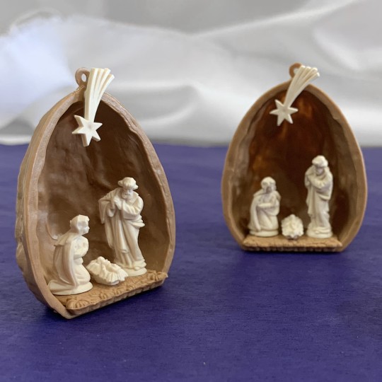 2 Miniature Plastic Ornaments ~ Walnut Nativity Scenes ~ 1-1/2" tall